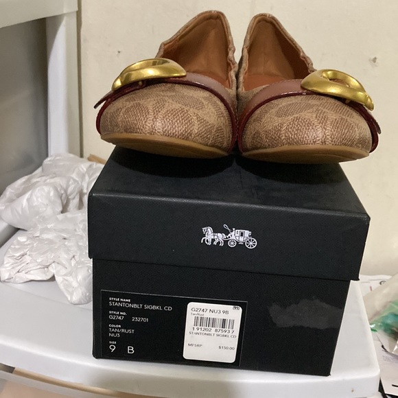 Coach Statonbelt signature buckle coated canvas tan rust leather trim flats - Picture 8 of 8